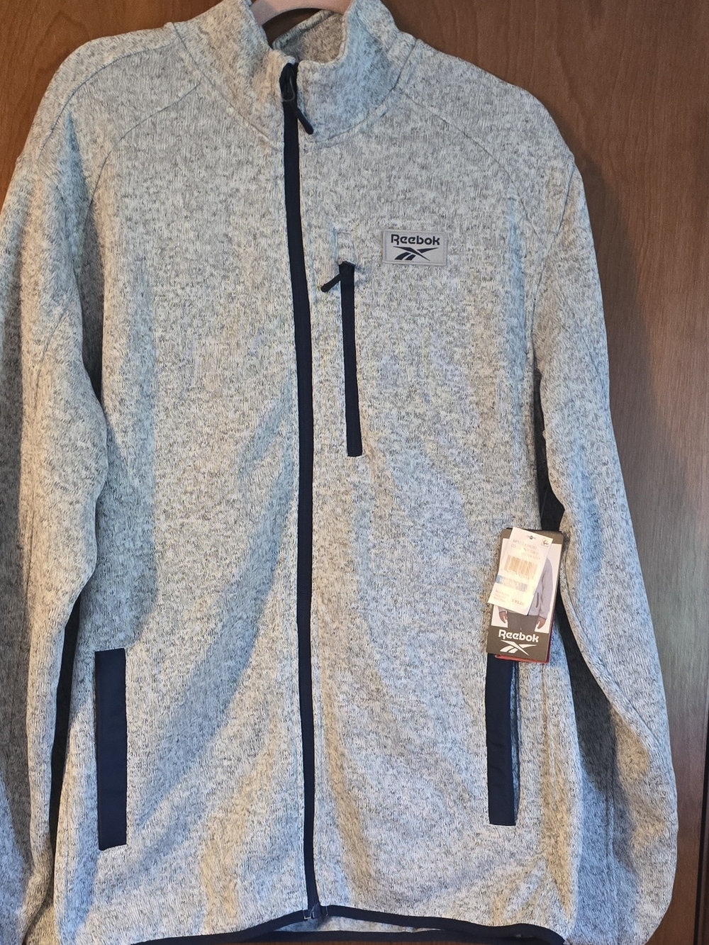 Reebok Men’s Light Heather Gray Full-Zip Jacket with Navy Trim